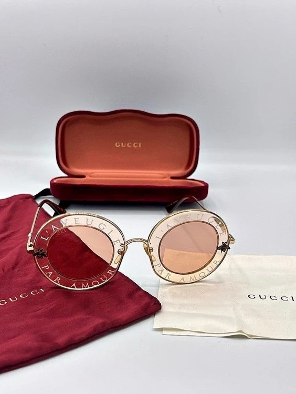 Gucci L'Aveugle Par Amour Round Sunglasses GG0113S 004 Pink & Gold
